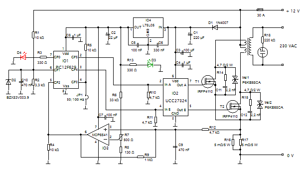 Měnič 12 VDC - 230 VAC schéma